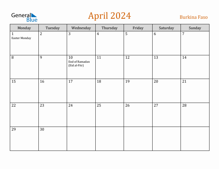 April 2024 Holiday Calendar with Monday Start