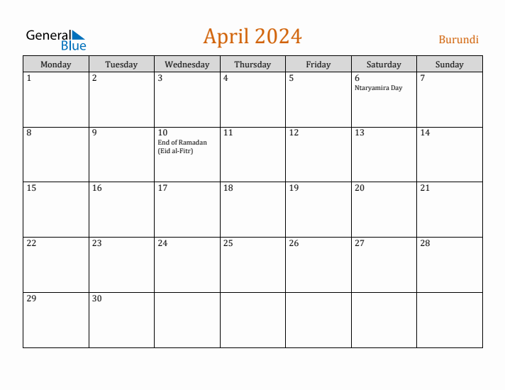 April 2024 Holiday Calendar with Monday Start