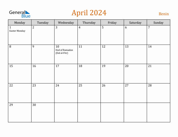 April 2024 Holiday Calendar with Monday Start