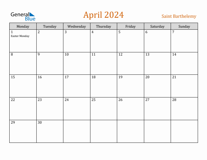 April 2024 Holiday Calendar with Monday Start