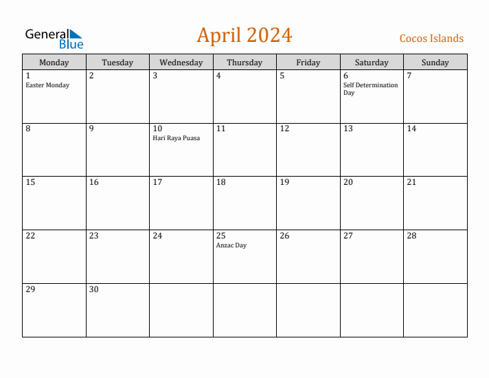 April 2024 Holiday Calendar with Monday Start