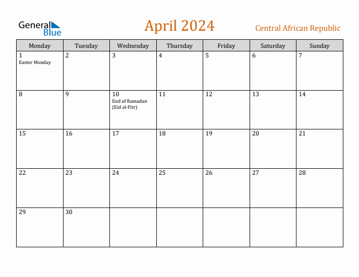 April 2024 Holiday Calendar with Monday Start