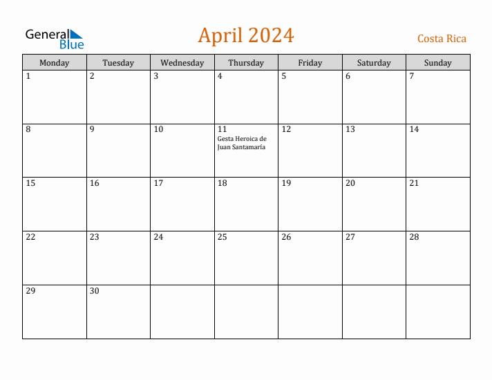 April 2024 Holiday Calendar with Monday Start