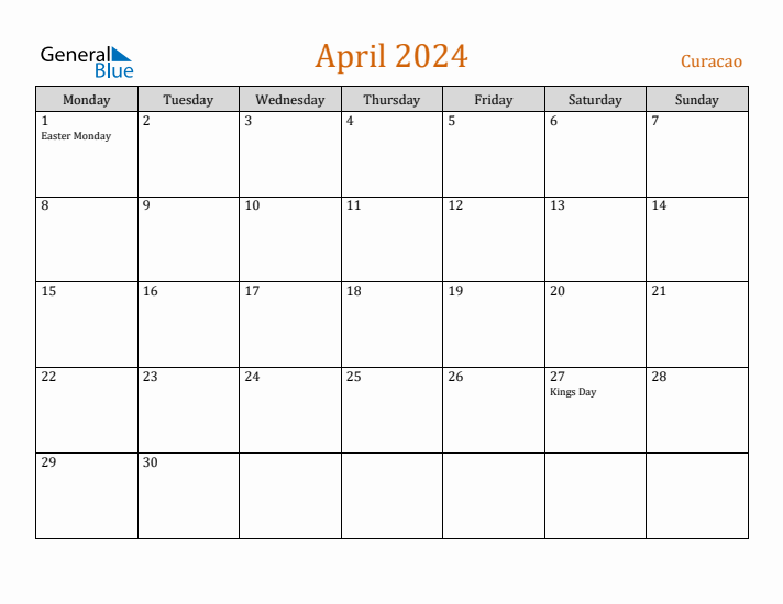 April 2024 Holiday Calendar with Monday Start