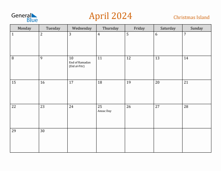 April 2024 Holiday Calendar with Monday Start