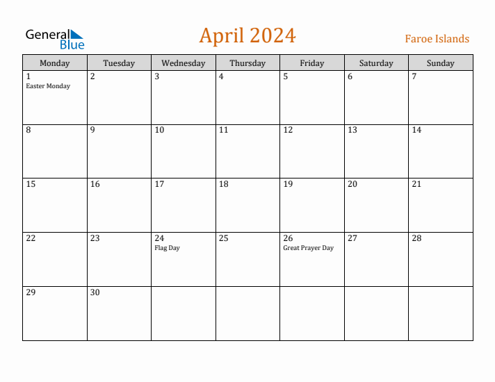 April 2024 Holiday Calendar with Monday Start