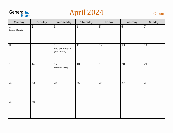 April 2024 Holiday Calendar with Monday Start