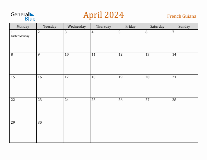 April 2024 Holiday Calendar with Monday Start