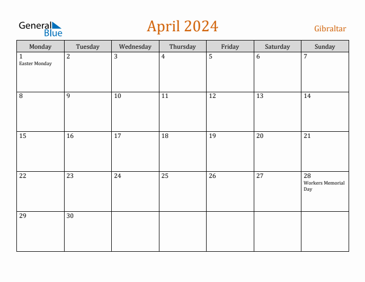 April 2024 Holiday Calendar with Monday Start