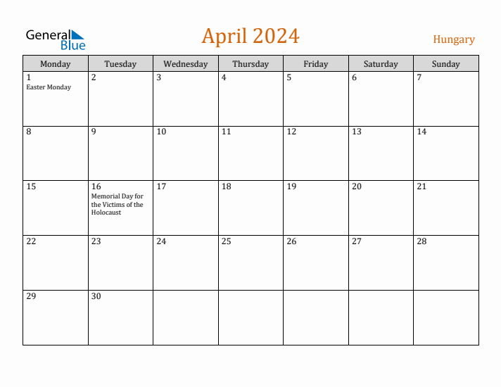 April 2024 Holiday Calendar with Monday Start