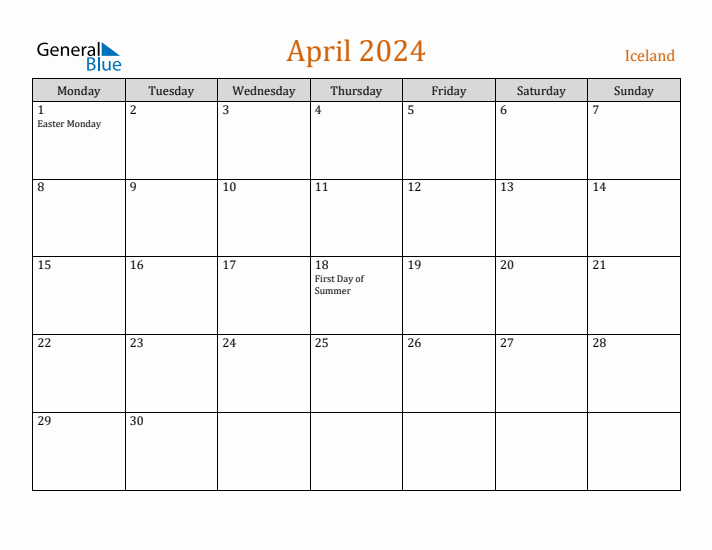 April 2024 Holiday Calendar with Monday Start