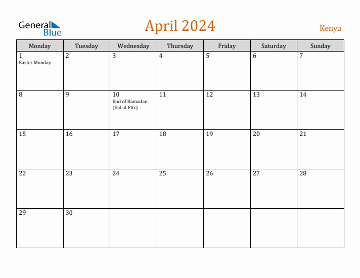 April 2024 Holiday Calendar with Monday Start