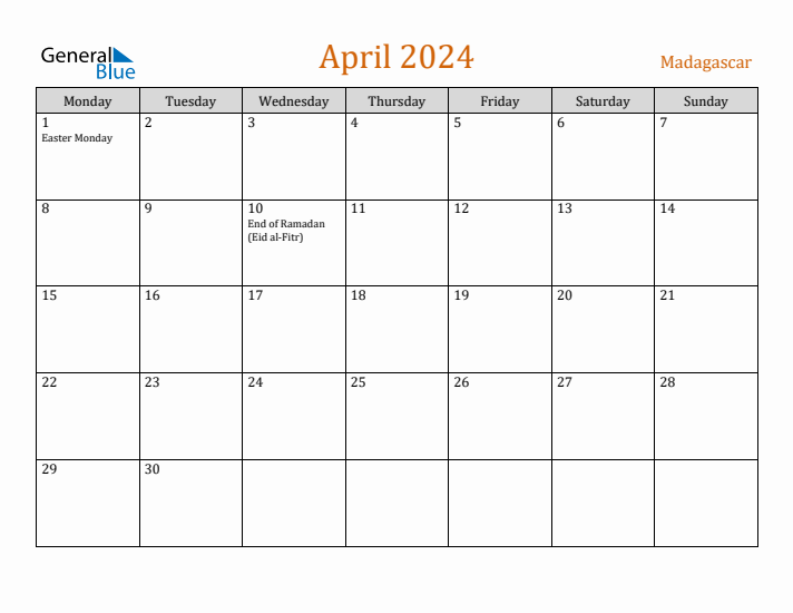 April 2024 Holiday Calendar with Monday Start