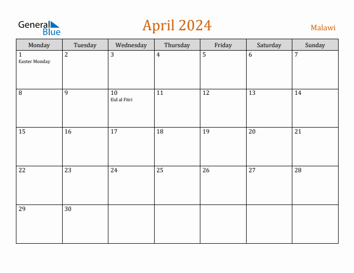 April 2024 Holiday Calendar with Monday Start