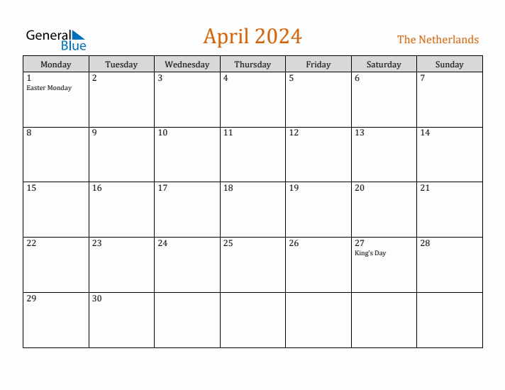 April 2024 Holiday Calendar with Monday Start