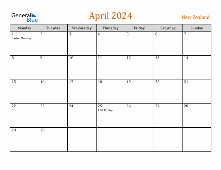 April 2024 Holiday Calendar with Monday Start