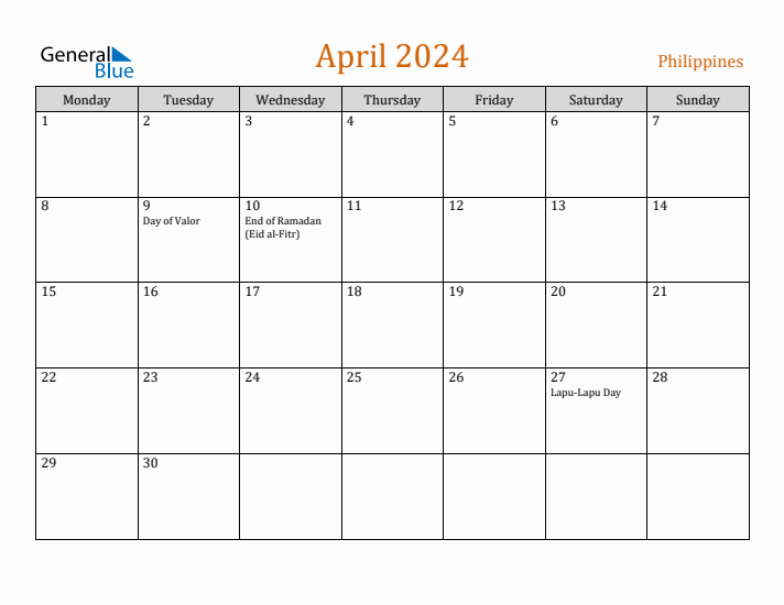 April 2024 Holiday Calendar with Monday Start