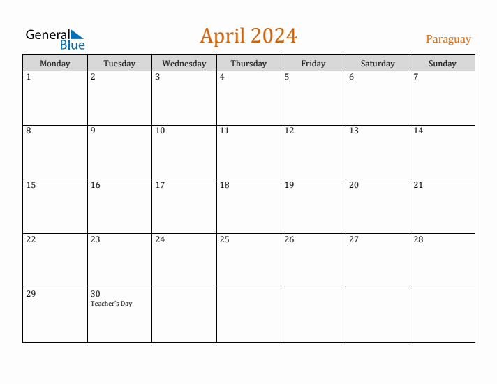 April 2024 Holiday Calendar with Monday Start