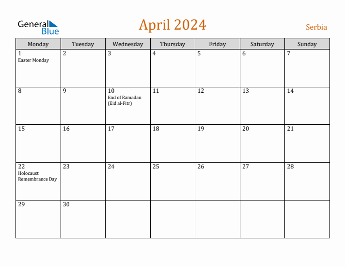 April 2024 Holiday Calendar with Monday Start