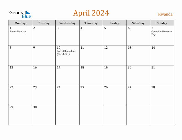 April 2024 Holiday Calendar with Monday Start