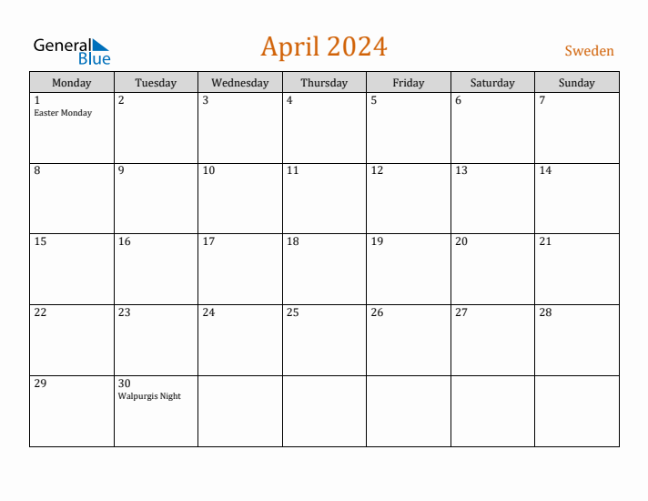 April 2024 Holiday Calendar with Monday Start