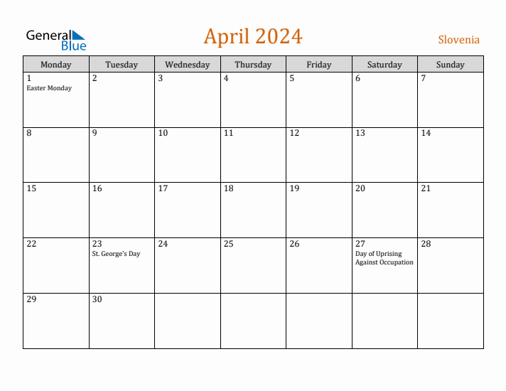 April 2024 Holiday Calendar with Monday Start