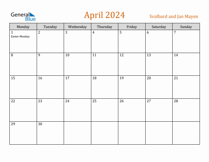 April 2024 Holiday Calendar with Monday Start