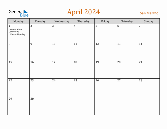 April 2024 Holiday Calendar with Monday Start