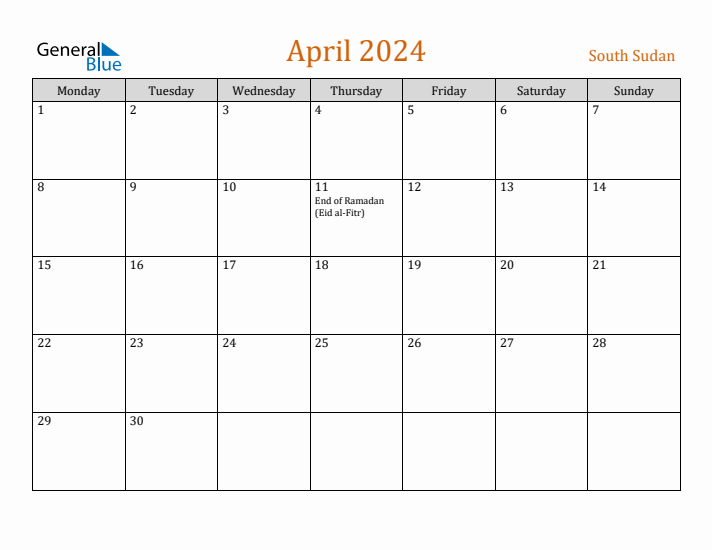 April 2024 Holiday Calendar with Monday Start