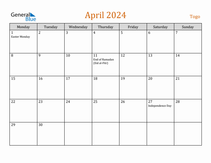 April 2024 Holiday Calendar with Monday Start