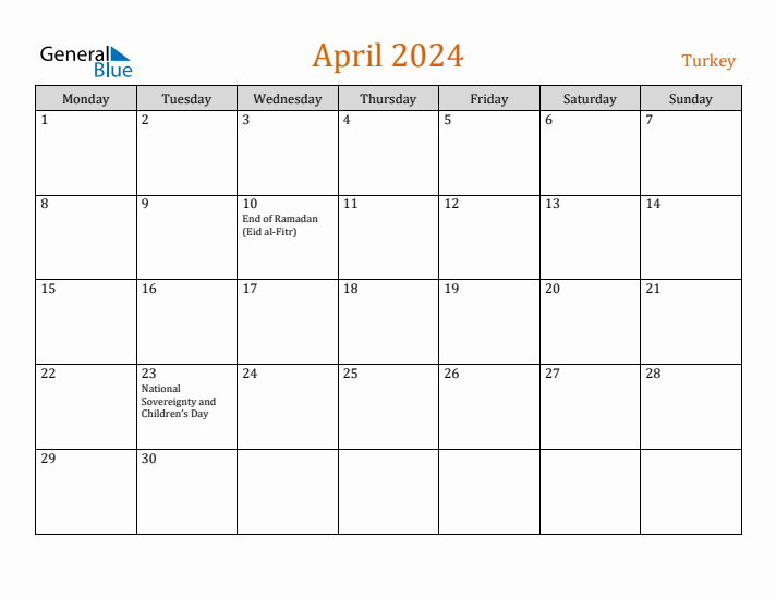 April 2024 Holiday Calendar with Monday Start