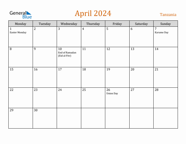 April 2024 Holiday Calendar with Monday Start