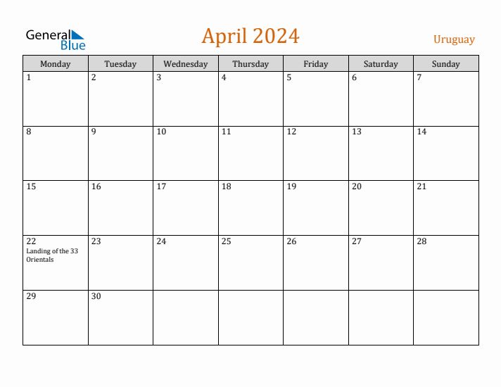 April 2024 Holiday Calendar with Monday Start