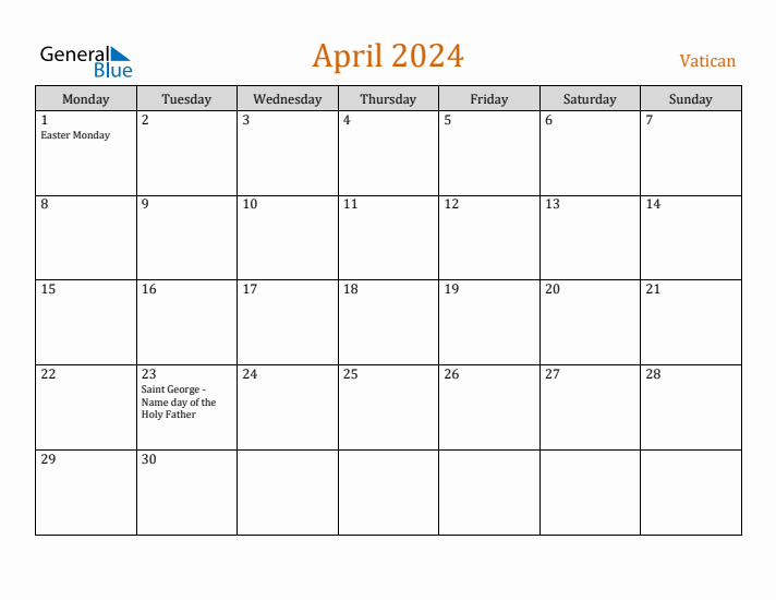 April 2024 Holiday Calendar with Monday Start