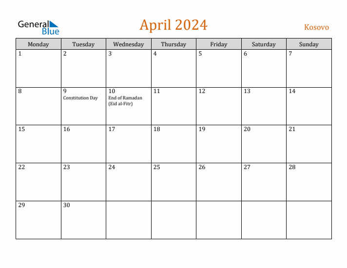 April 2024 Holiday Calendar with Monday Start