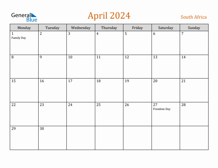 April 2024 Holiday Calendar with Monday Start