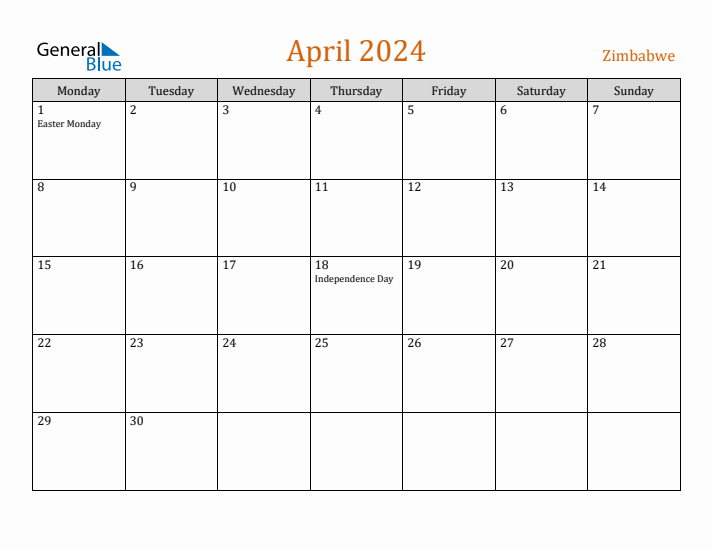 April 2024 Holiday Calendar with Monday Start