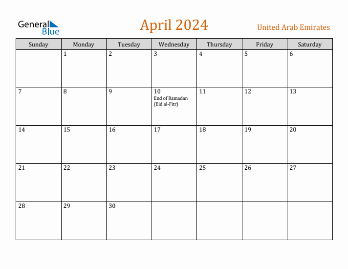 April 2024 Holiday Calendar with Sunday Start