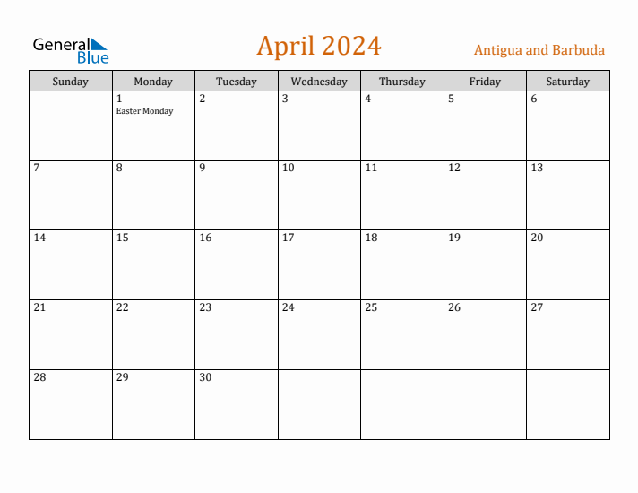 April 2024 Holiday Calendar with Sunday Start