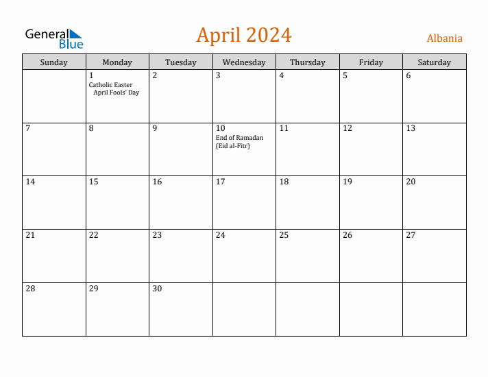 April 2024 Holiday Calendar with Sunday Start