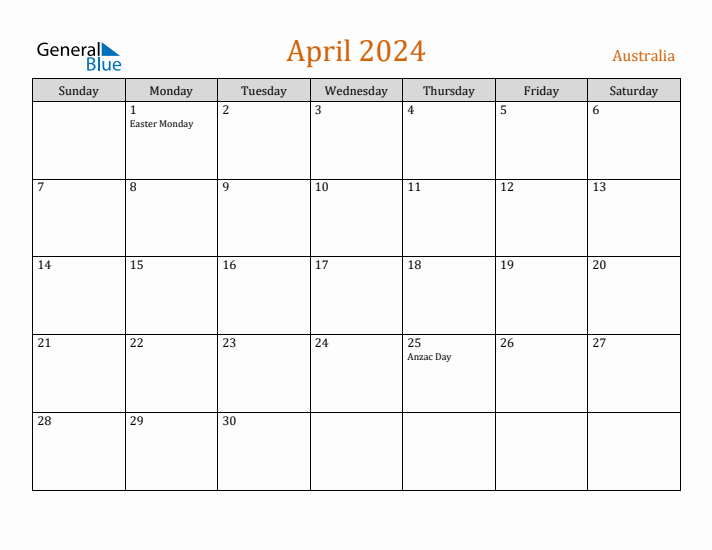 April 2024 Holiday Calendar with Sunday Start