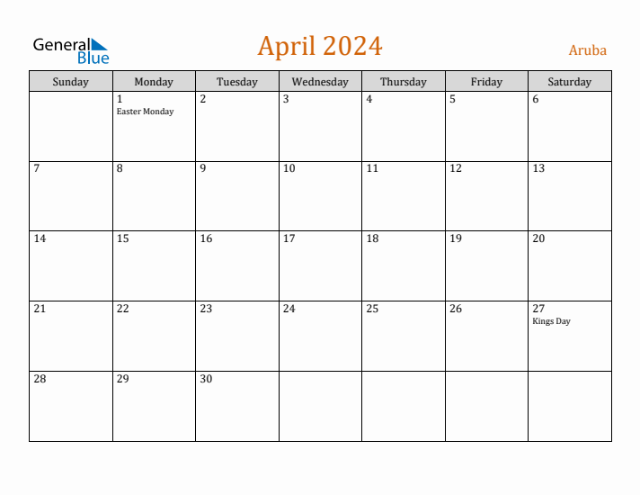 April 2024 Holiday Calendar with Sunday Start