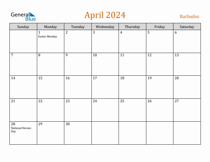 April 2024 Holiday Calendar with Sunday Start