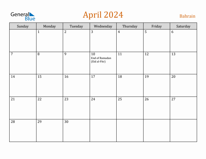 April 2024 Holiday Calendar with Sunday Start