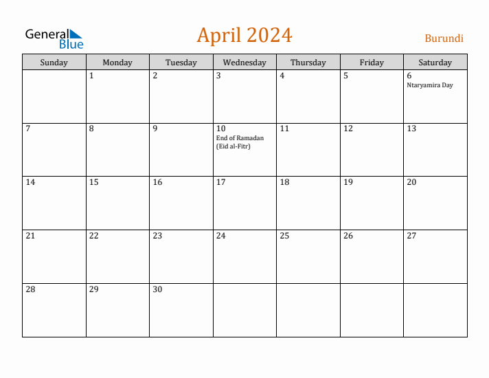 April 2024 Holiday Calendar with Sunday Start