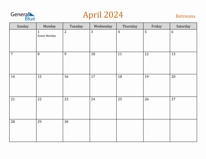 April 2024 Holiday Calendar with Sunday Start