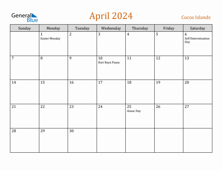 April 2024 Holiday Calendar with Sunday Start