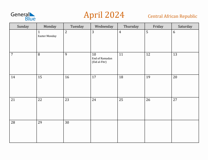 April 2024 Holiday Calendar with Sunday Start