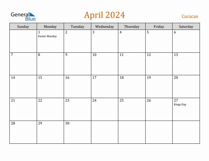 April 2024 Holiday Calendar with Sunday Start