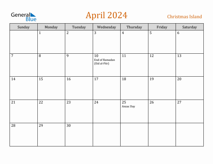 April 2024 Holiday Calendar with Sunday Start